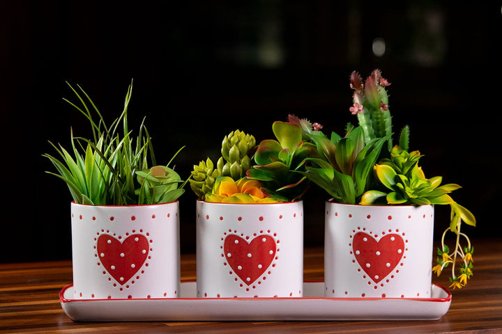 Red Country Heart Set of 4" Planters W/ Tray