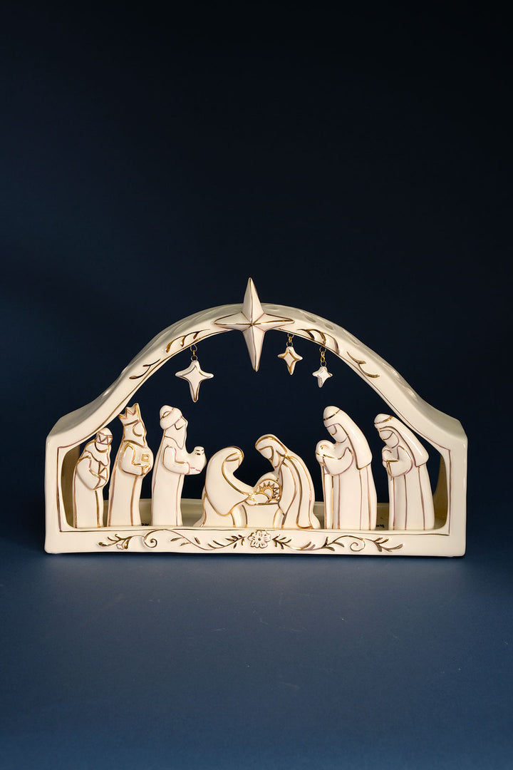 White and Gold Nativity Scene Tealight Holder