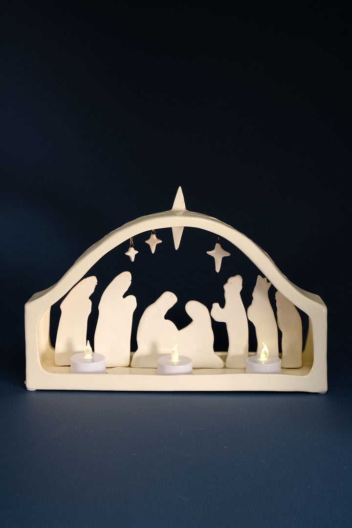 White and Gold Nativity Scene Tealight Holder
