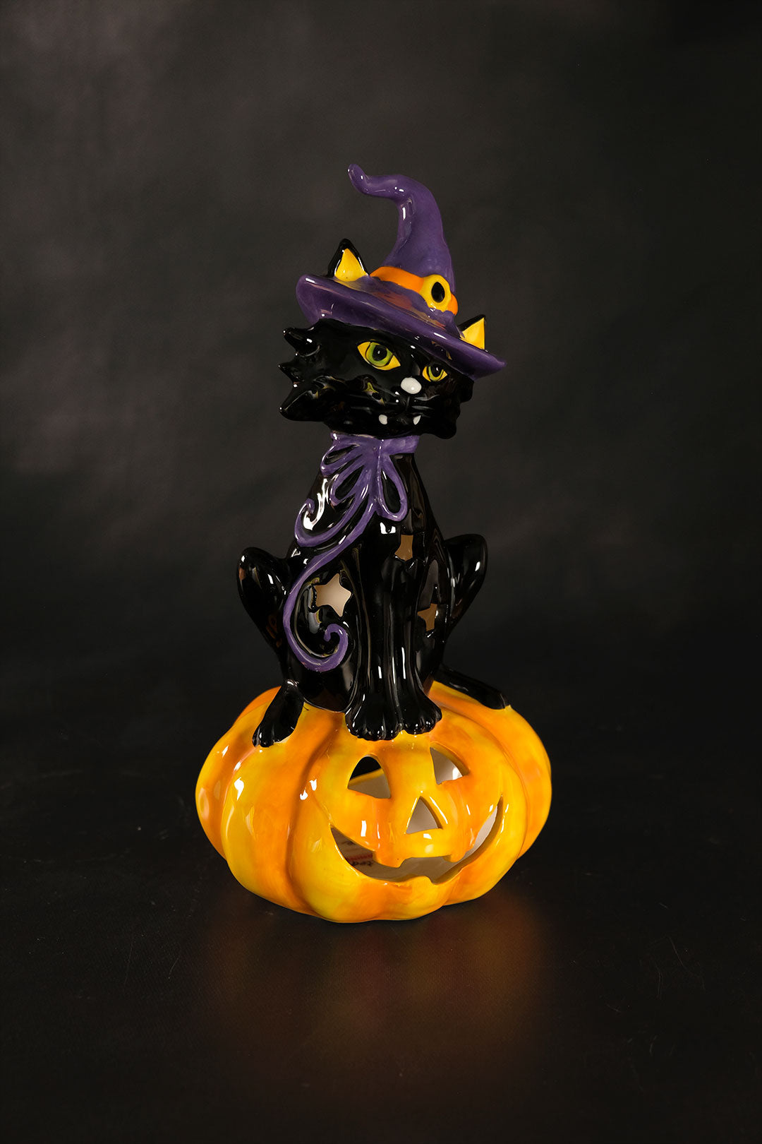 Clayworks Black Cat on Pumpkin Tealight Holder