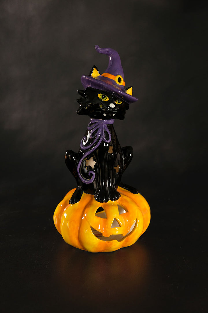 Clayworks Black Cat on Pumpkin Tealight Holder
