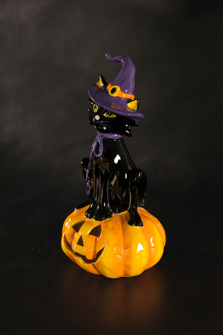 Clayworks Black Cat on Pumpkin Tealight Holder