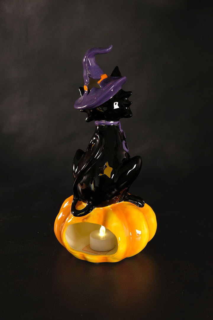 Clayworks Black Cat on Pumpkin Tealight Holder