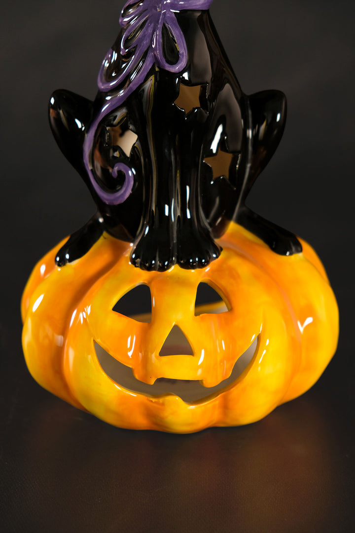 Clayworks Black Cat on Pumpkin Tealight Holder