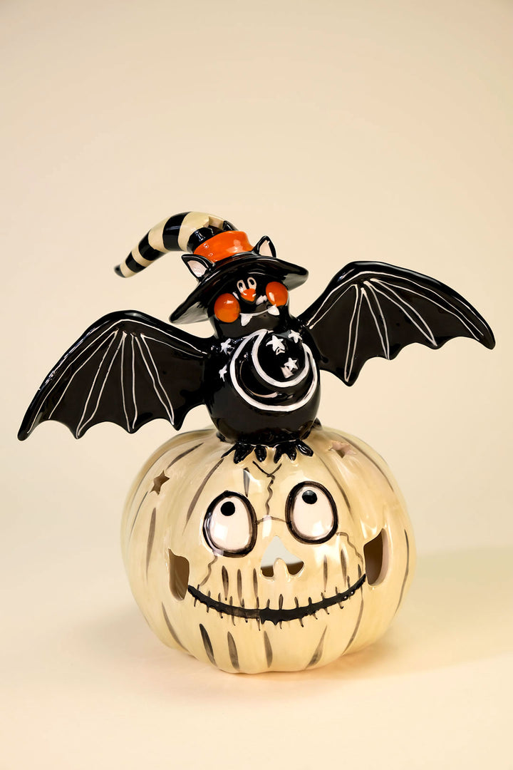 Bat on Gray Pumpkin Pumpkin Tealight Holder