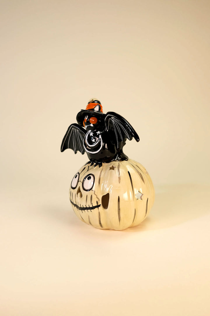 Bat on Gray Pumpkin Pumpkin Tealight Holder