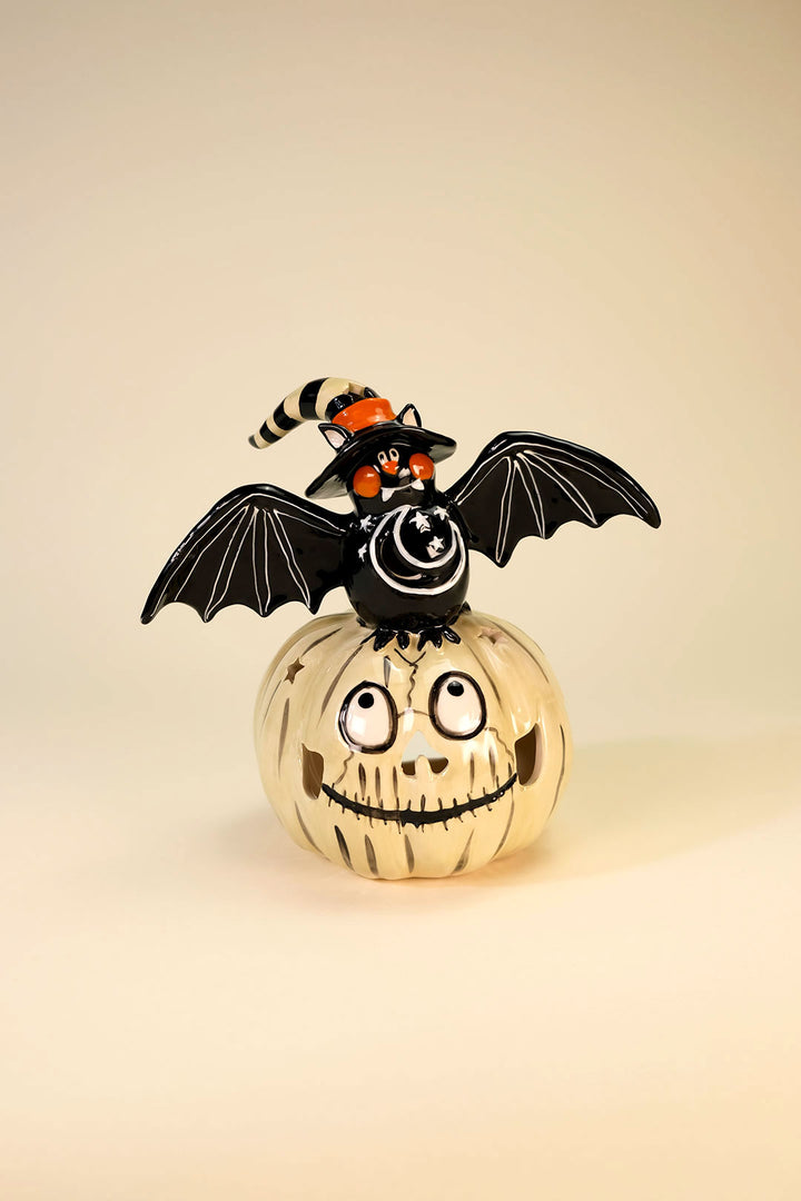 Bat on Gray Pumpkin Pumpkin Tealight Holder