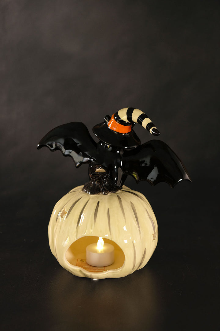 Bat on Gray Pumpkin Pumpkin Tealight Holder