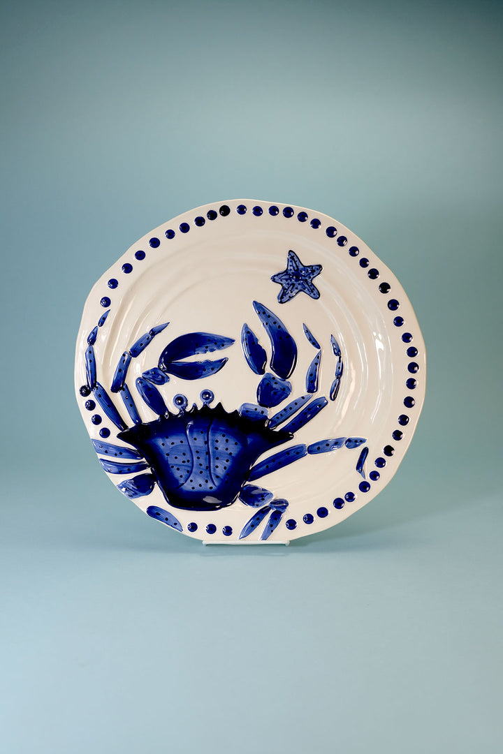 Magic Sea 14" Round Crab Platter - Cobalt Blue