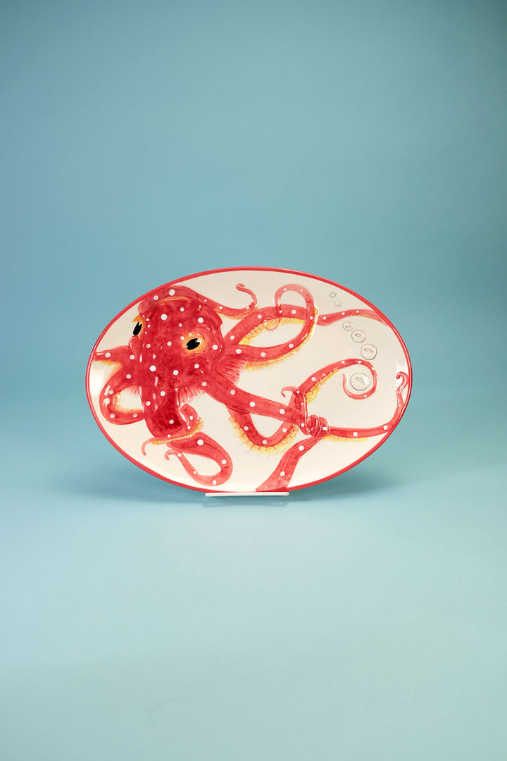 Red Octopus Oval Platter
