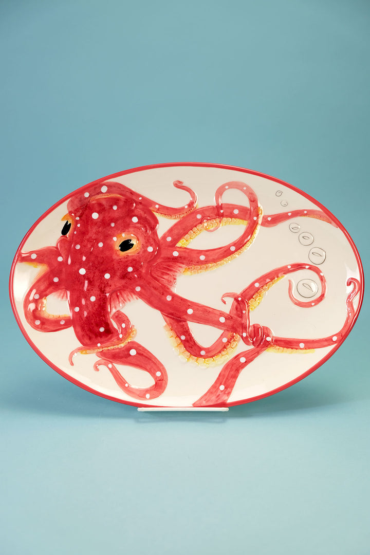Red Octopus Oval Platter