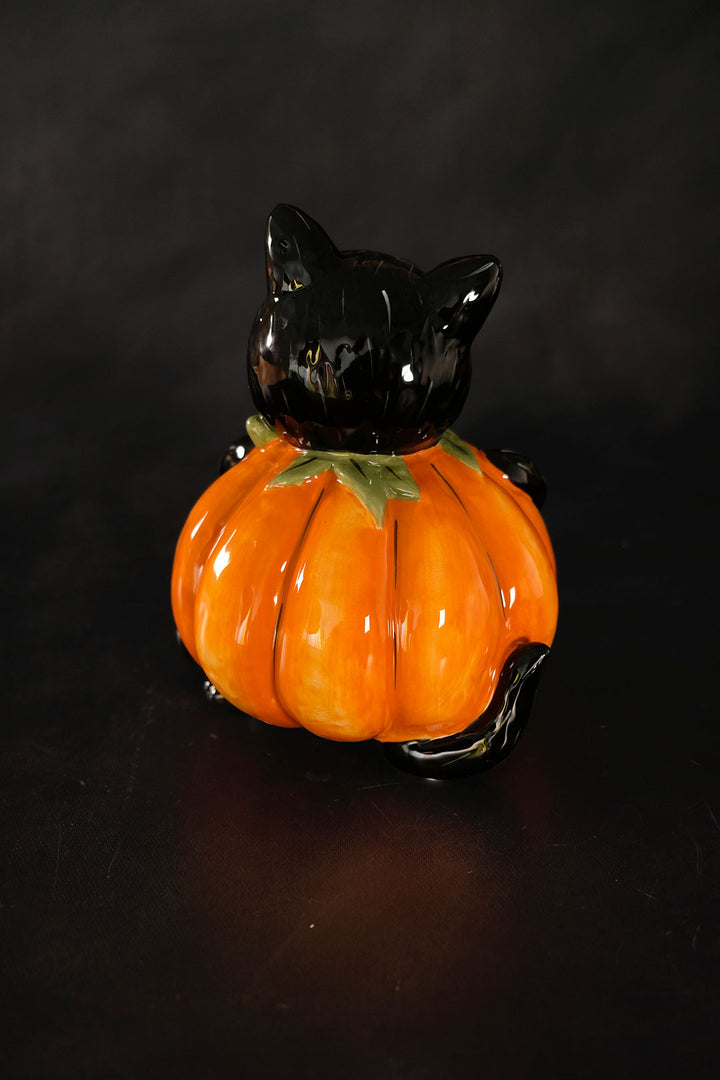 Vintage Halloween Pumpkin Cat Figurine