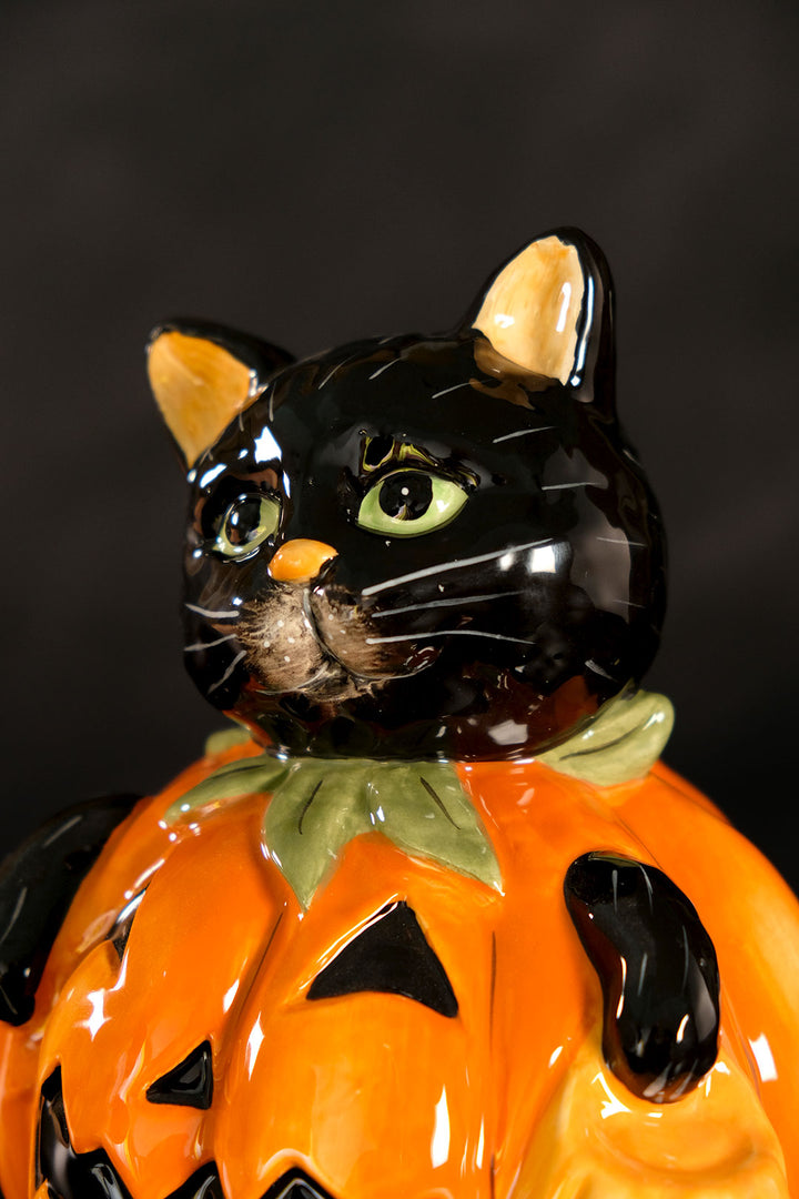 Vintage Halloween Pumpkin Cat Figurine