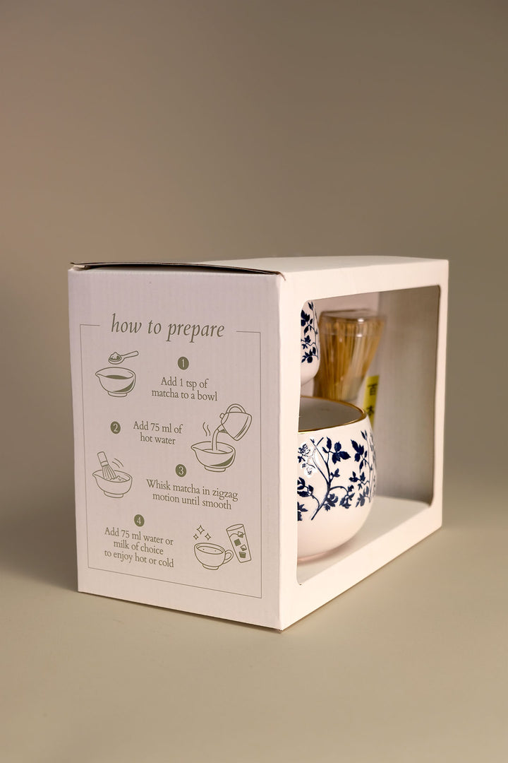 White and Navy Blue Leaf 5" Matcha Tea Set