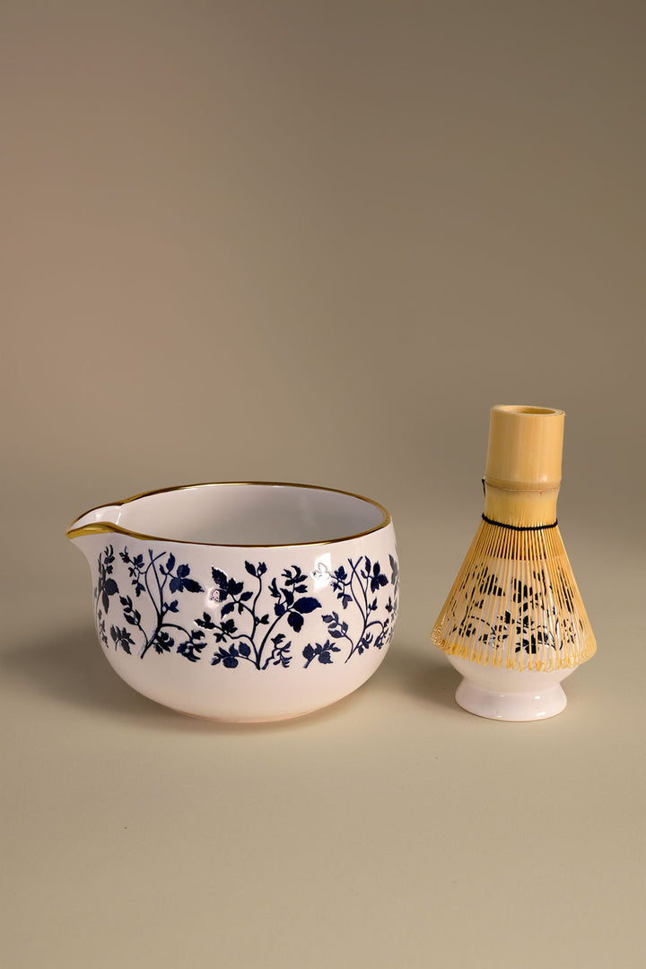 White and Navy Blue Leaf 5" Matcha Tea Set