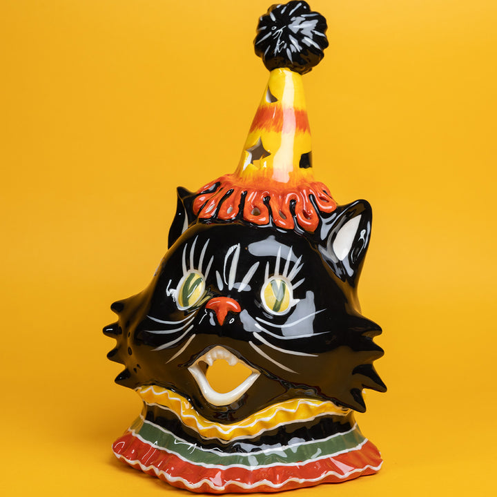 Clayworks Vintage Halloween Circus Black Cat Tealight Holder