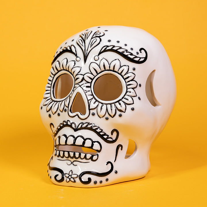 Clayworks Black and White Sugar Skull Tealight Holder