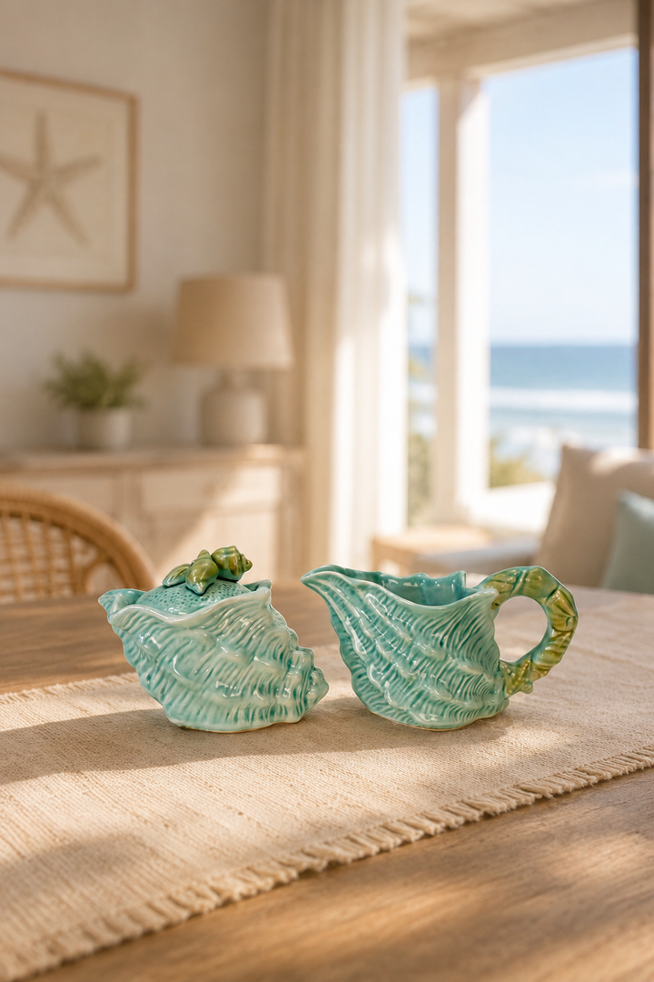 Shell Figural Sugar & Creamer Set Blue