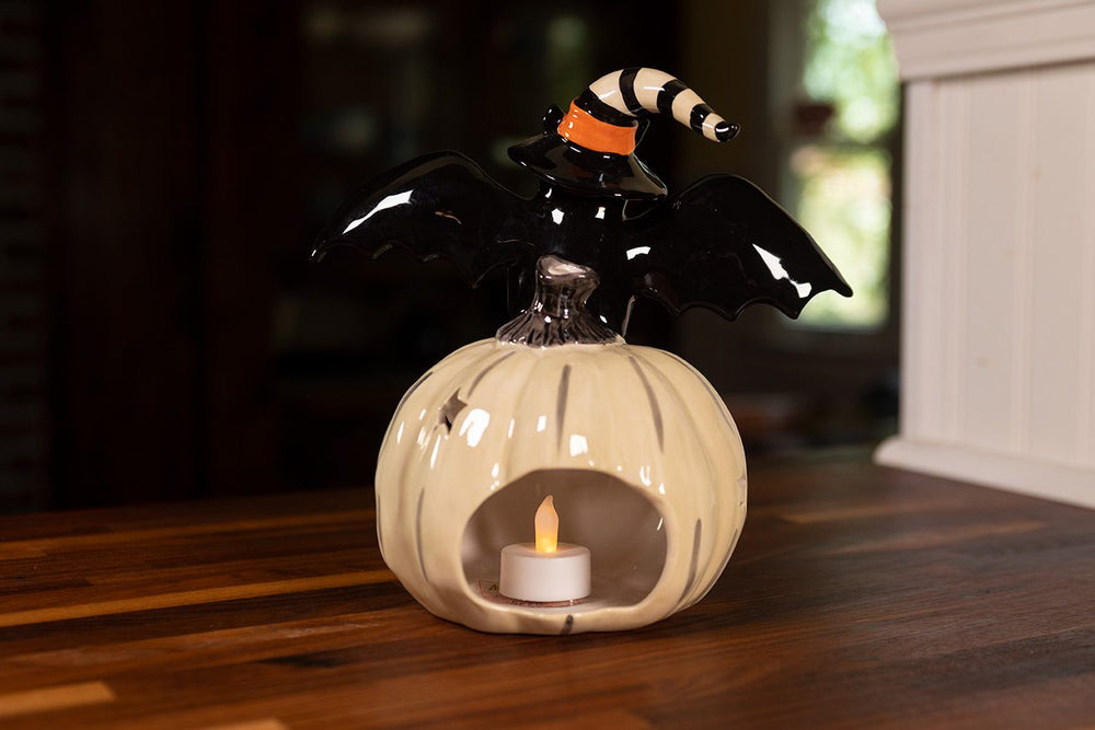 Bat on Gray Pumpkin Tealight Holder