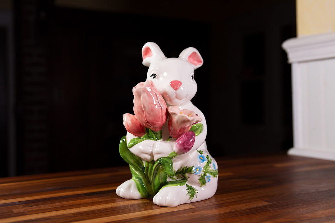 PAINTED BUNNY HOLDING TULIPS FIGURINE