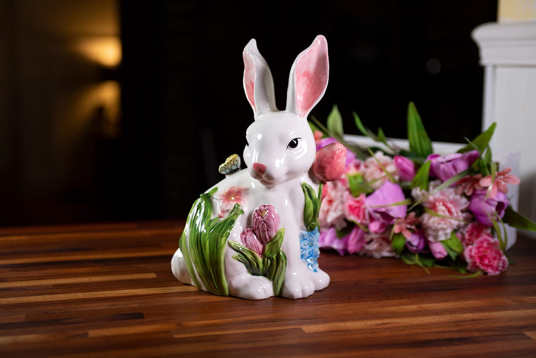 PAINTED BUNNY WITH TULIP AND BUTTERFLY FIGURINE